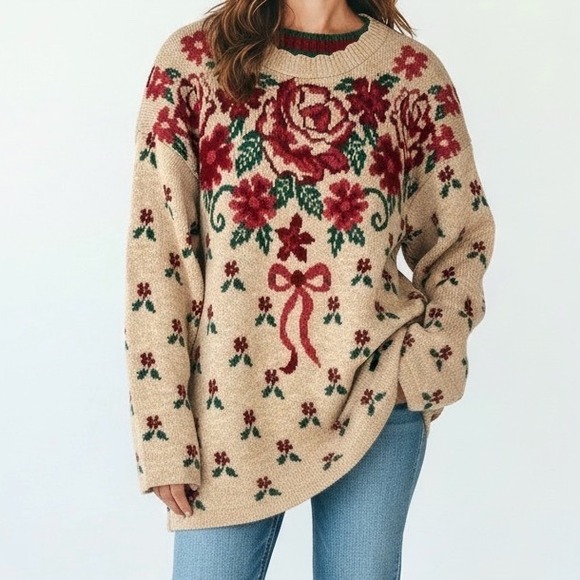 Dana Scott Sweaters - Vintage Dana Scott Pullover Sweater Knit Floral Bow Pattern Beige Red USA Size L